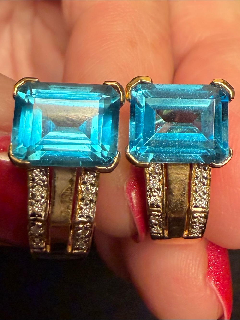 Genuine 14K Gold, Blue Topaz & Diamond Pierced/Clip Earrings